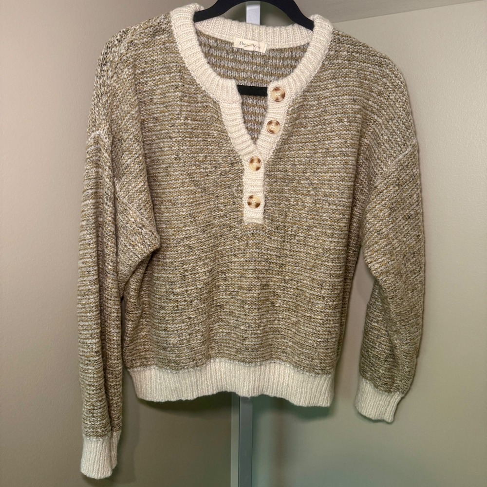 Shop Stevie Womens Large Henley Sweater Marled Tan Cream Chunky Knit